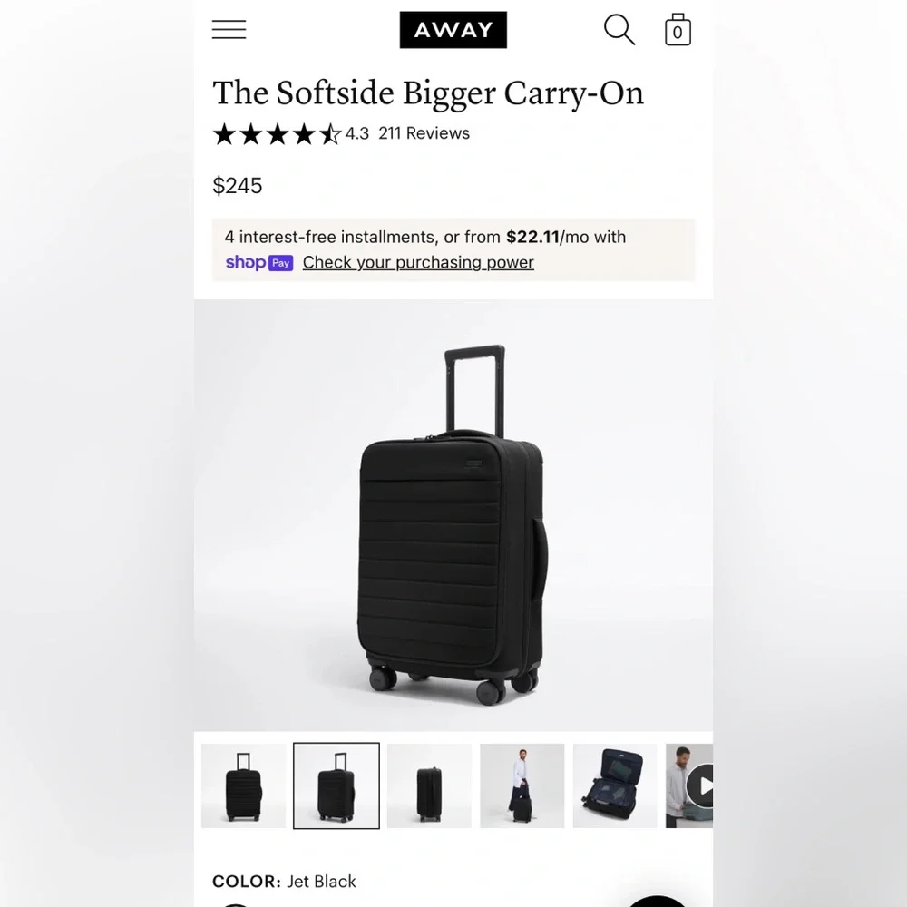 Away Jet Black Softside Carry-On Luggage - Picture 1 of 16